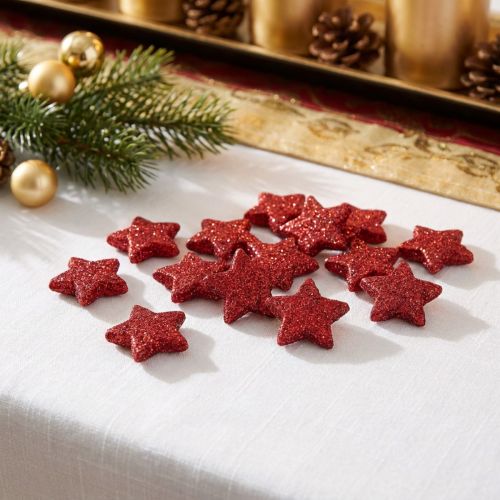 Étoiles décoratives rouges en plastique 2,5 cm avec paillettes - Lot de 96 | Floristik24.fr