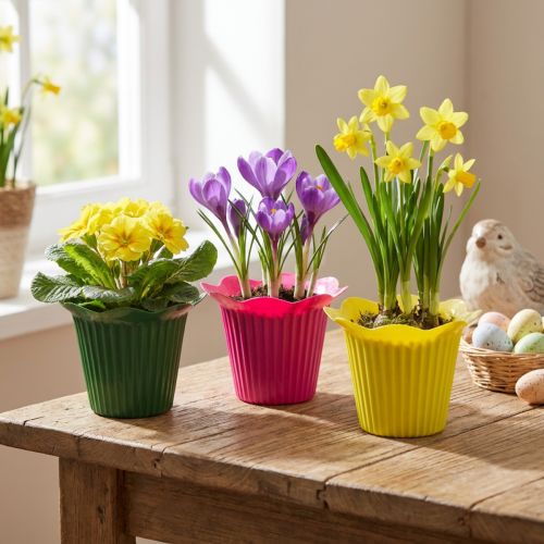 Lot de 25 cache-pots colorés en plastique avec bord en forme de fleur Ø10,5cm | Floristik24.fr