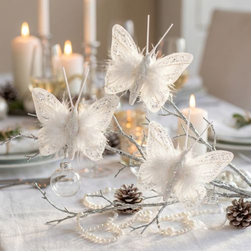 Set de 4 papillons blancs en plumes avec clip, effet pailleté, 5 x 4,5 cm | Floristik24.fr