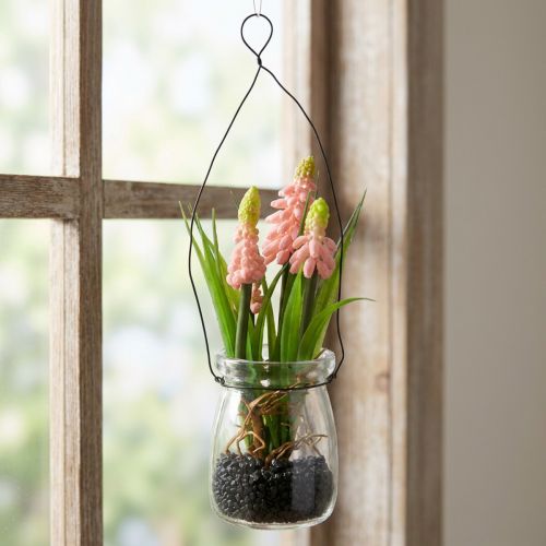Jacinthe à grappes artificielle rose dans un vase en verre 16 cm | Floristik24.fr