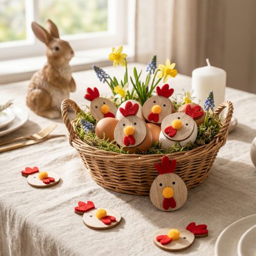 Poules en Bois avec Pastille Adhesive - Décoration de Table et Loisirs Créatifs - 5 cm - Lot de 36 | Floristik24.fr