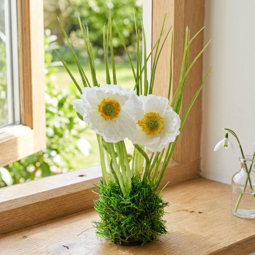 Monsieur coquelicot blanc 23 cm avec base en herbe – Fleur artificielle | Floristik24.fr