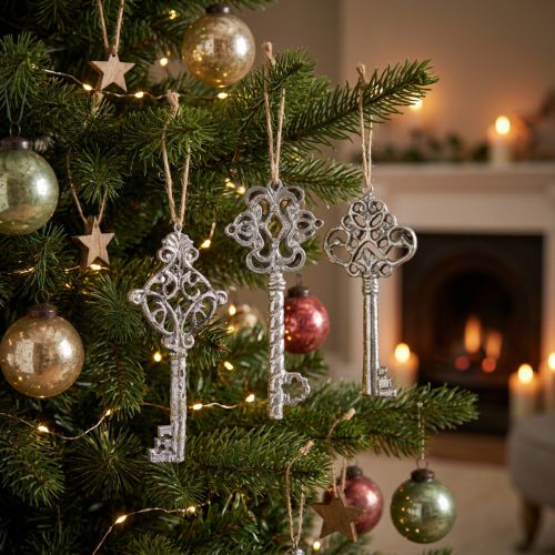 Lot de 3 clés décoratives à suspendre style antique 10 cm argent | Floristik24.fr