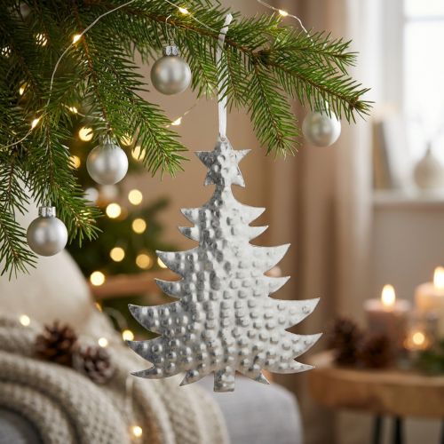 Ange décoratif sapin de Noël en métal argenté avec étoile et ruban en tissu, 20,5×15,5 cm | Floristik24.fr