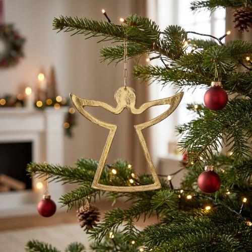 Suspension décorative ange doré en métal avec cordon cuir 15×16,5 cm | Floristik24.fr
