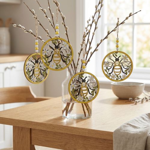 Abeilles décoratives en bois à suspendre Ø12cm – Lot de 4 | Floristik24.fr