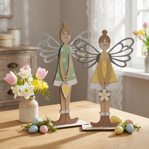 Article Figurines Fées Printanières en Bois et Métal, Lot de 2, H34 cm