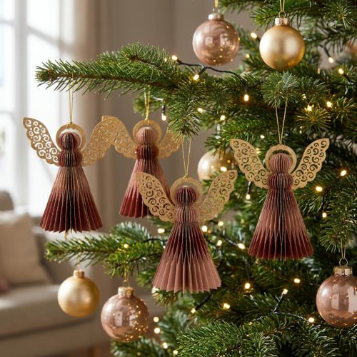 Lot de 4 anges en papier alvéolé bicolores rouge rose, 12 cm, décorations de Noël | Floristik24.fr