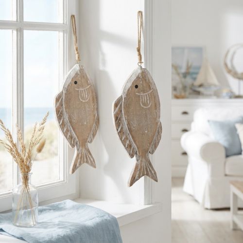Duo de poissons décoratifs en bois à suspendre 21 cm – Blanc et naturel | Floristik24.fr