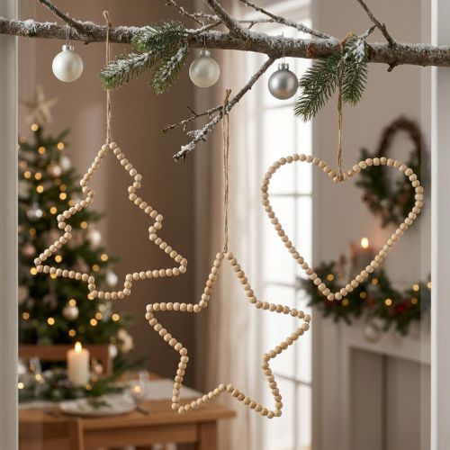 Lot de 3 suspensions de Noël en bois — Cœur, Étoile et Sapin — H20cm | Floristik24.fr