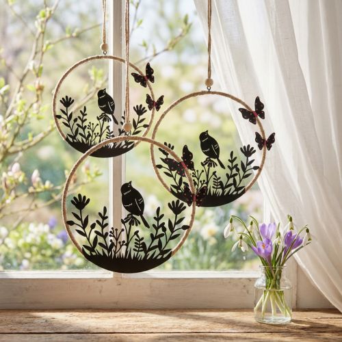 Décoration à suspendre en métal noir avec oiseau et papillon pour le printemps Ø15cm - Lot de 2 | Floristik24.fr