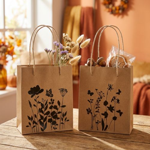 Sachets cadeaux en papier naturel avec anses motifs noirs fleuris 12×15 cm – Lot de 6 | Floristik24.fr