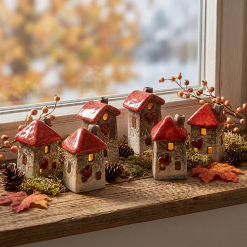 Set de 6 petites maisons en céramique avec toit rouge – Décoration intérieure et créative – 6 cm | Floristik24.fr