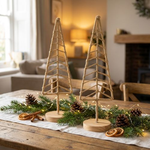 Sapins décoratifs en métal et bois avec fibres naturelles 39 cm - Lot de 2 | Floristik24.fr
