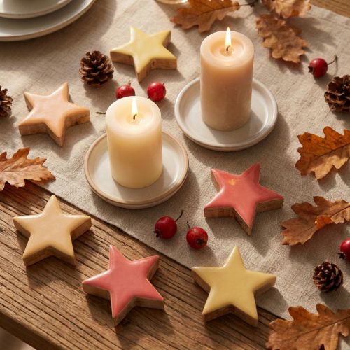 Étoiles décoratives en bois de manguier, 5 cm, jaune et abricot, lot de 12 | Floristik24.fr