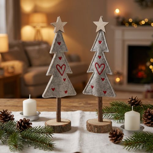 Sapins décoratifs en feutrine gris et rouge avec cœurs - Lot de 4 - 28 cm | Floristik24.fr