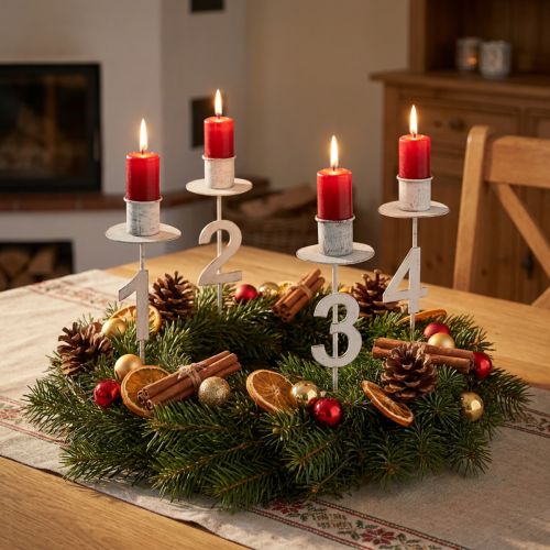 Set de 4 bougeoirs d'Advent en métal blanc avec chiffres et pic H11cm | Floristik24.fr