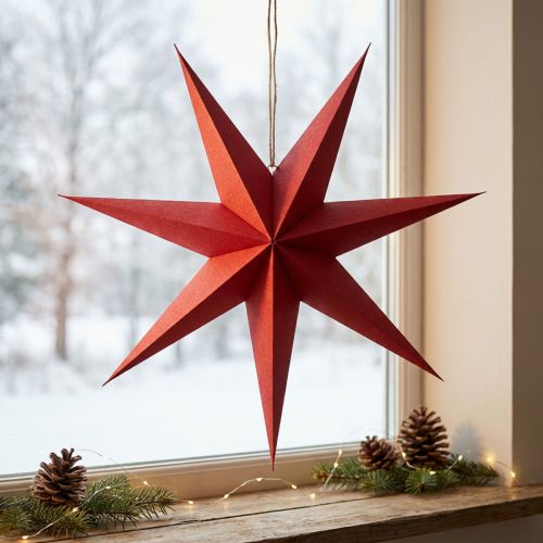 Étoile décorative suspendue en papier rouge avec corde en jute 75 cm | Floristik24.fr