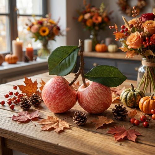 Pomme décorative artificielle rouge avec tige et feuilles – Lot de 2, 13 cm | Floristik24.fr