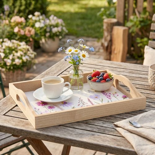 Plateau rectangulaire en bois, fleurs naturelles, papillon, L35cm | Floristik24.fr
