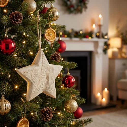 Étoile de Noël en Bois Naturel Ø 13,5 cm avec Suspendre, FSC | Floristik24.fr