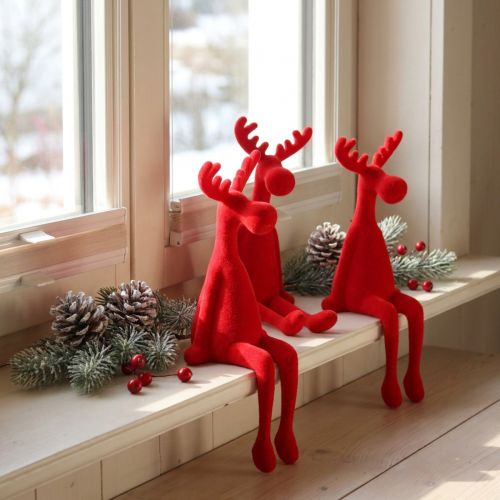 Déco Élan bord d’étagère Figurine assise Rouge 31cm 3pcs | Floristik24.fr