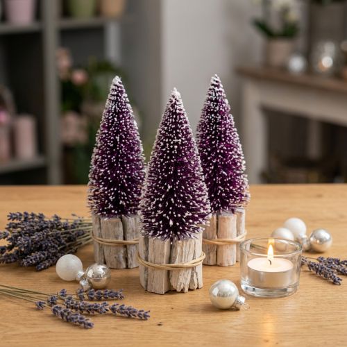 Mini sapins décoratifs violets avec base en bois, 15 cm, lot de 3 | Floristik24.fr