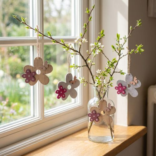 Lot de 8 Décorations Murales en Bois Fleur et Papillon, Blanc et Rose, 10 × 9 cm | Floristik24.fr