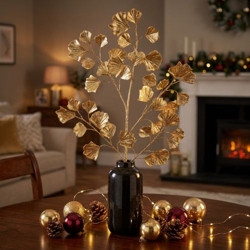 Article Branche décorative artificielle Gingko bronze avec paillettes - 84 cm