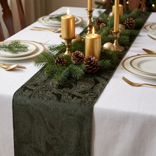 Article Tischläufer en velours vert motif paisley 15 cm x 3 m