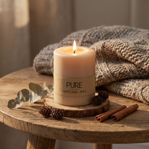 Bougie Pilier Beige en Cire Naturelle PURE 9x7cm | Floristik24.fr