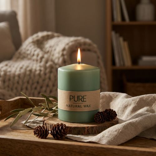 Bougie cylindre en cire naturelle verte émeraude PURE, Ø7 cm, 9 cm de hauteur | Floristik24.fr