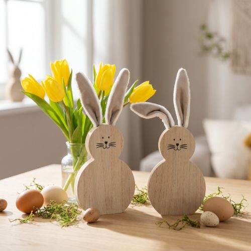 Lapins en bois avec oreilles flexibles tissu blanc et brun 11,5×27 cm - Lot de 2 | Floristik24.fr