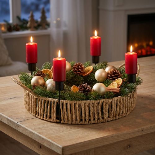 Plateau décoratif rond en bois et métal avec 4 bougeoirs noirs, D 30 cm | Floristik24.fr