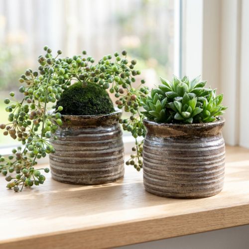 Cache-pot en céramique effet métallique brun et gris 10,5×10 cm – Lot de 2 | Floristik24.fr