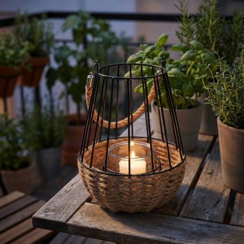 Lanterna en métal et corde avec verre amovible noir et naturel Ø18 cm H22 cm | Floristik24.fr