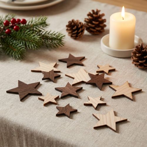 Étoiles décoratives en bois, naturelles et brunes, Ø3 à 5,5 cm, 48 pièces | Floristik24.fr