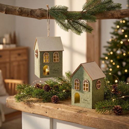 Set de 2 décorations de Noël maison en feutrine verte avec LED | Floristik24.fr
