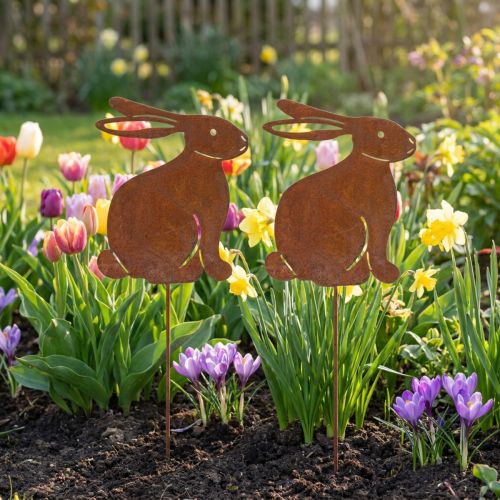 Article Lot de 2 décorations de jardin en métal rouillé en forme de lapin - Hauteur 100 cm
