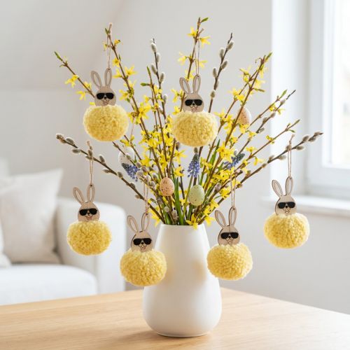 Décoration suspendue lapin en pompon jaune Ø 7 cm - Lot de 6 | Floristik24.fr