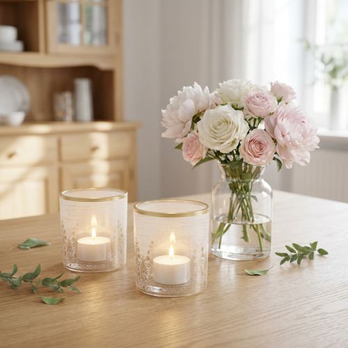 Lot de 2 photophores en verre avec motifs floraux dorés Ø8 cm H9 cm | Floristik24.fr