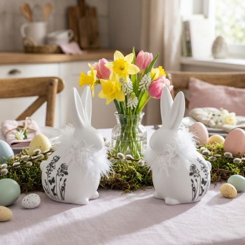 Figurines Lapins en Céramique Blanche avec Plumes et Motif Floral 9×7×14cm, Lot de 2 | Floristik24.fr
