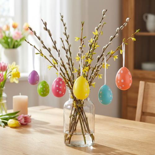 Œufs de Pâques à suspendre multicolores avec motifs à pois 6 cm - Lot de 12 | Floristik24.fr