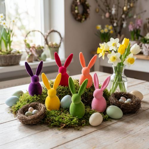 Set de 6 lapins décoratifs colorés en plastique floqué - Hauteur 13 cm | Floristik24.fr