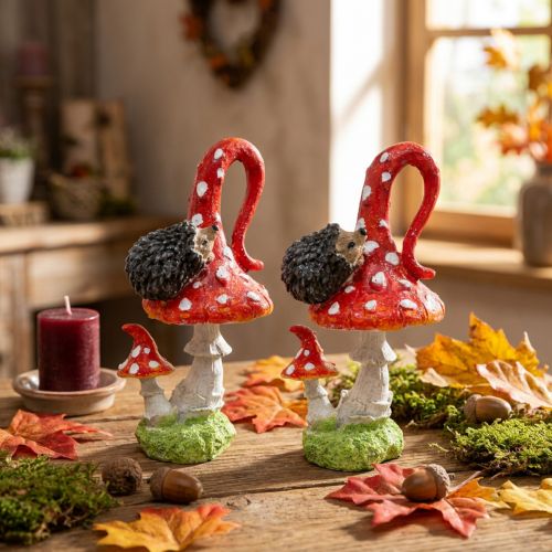 Lot de 2 figurines de champignons rouges avec hérisson en résine 14 cm | Floristik24.fr