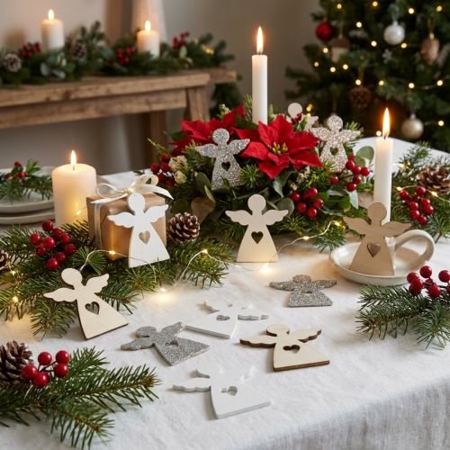 Figurines en bois d’anges de Noël – 72 pièces assorties, 4 cm, naturel, blanc et doré | Floristik24.fr