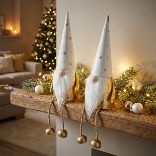 Figurines de Lutin de Noël Blanc et Doré, H 22 cm, Lot de 2 | Floristik24.fr