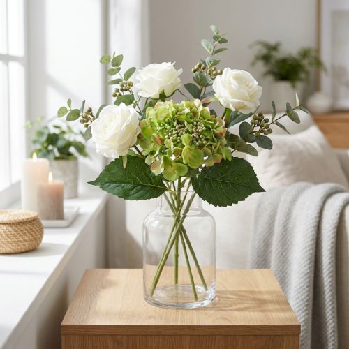 Hortensia Artificiel Vert en Tissu et Plastique, 44 cm | Floristik24.fr