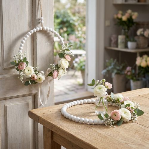 Duo de Cercles Décoratifs en Perles de Bois Blanc Ø19 cm – Décoration Intérieure et Créative | Floristik24.fr