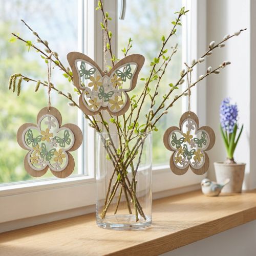 Suspensions en bois papillon et fleur avec glitter - Décoration printanière H11/14,5cm - Lot de 4 | Floristik24.fr